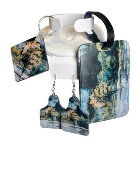 Handcrafted Scenic  Luggage Tag Double-Sided Keychain/Earrings Set New W/O Tags